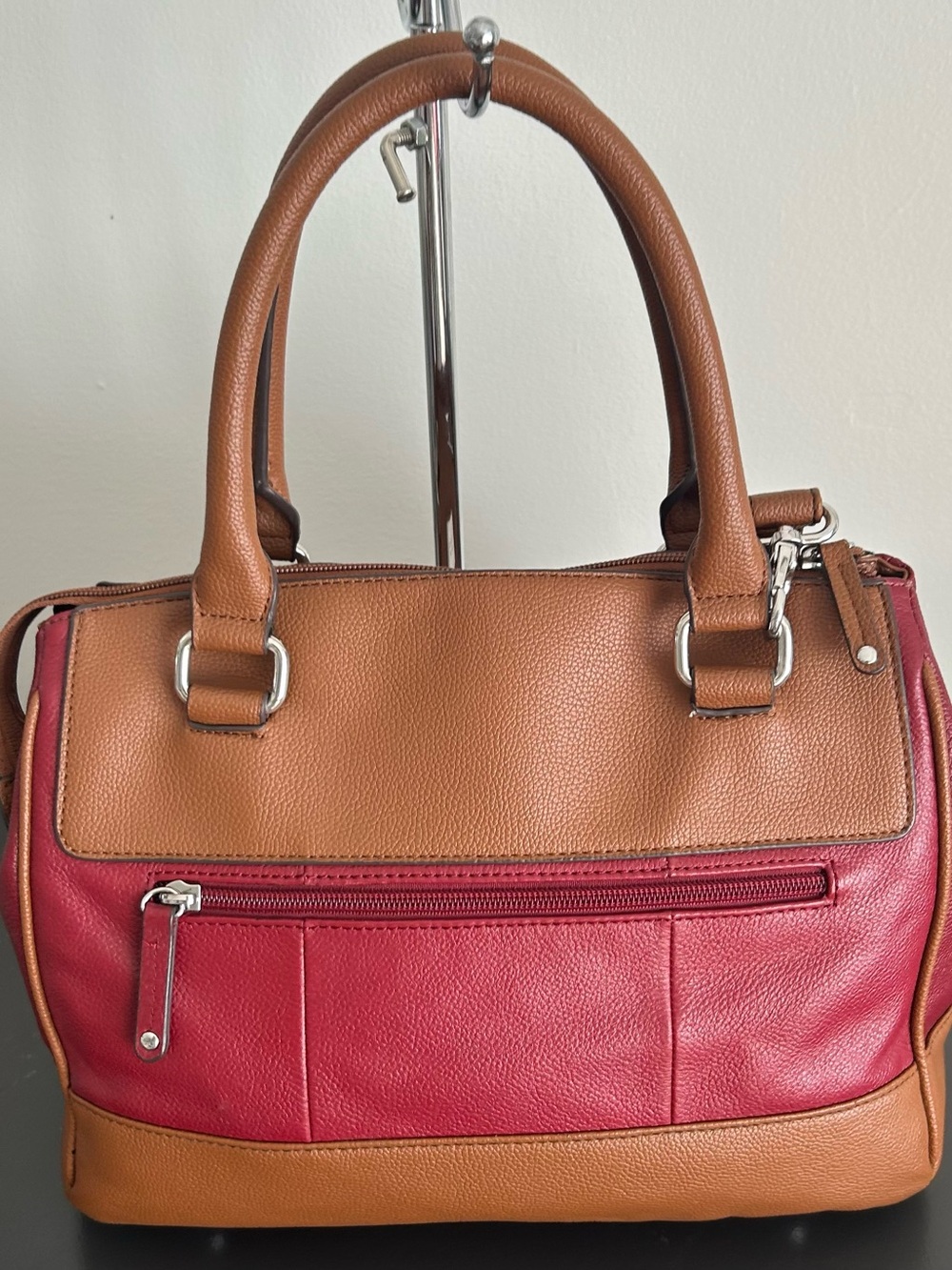 Tignanello Colorblock Leather Satchel Crossbody Brown Burgundy Pebbled Leather - Picture 12 of 14